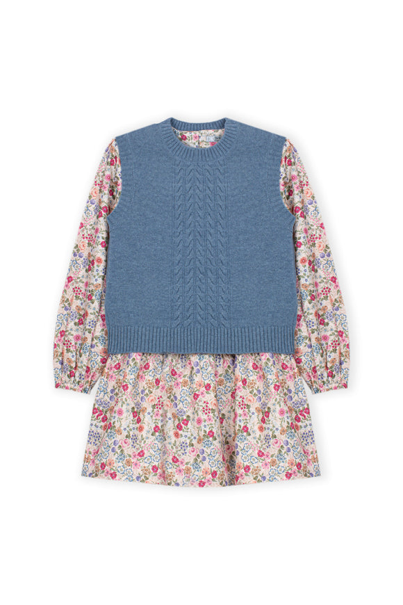 Color Me Sweet Floral Knit Dress & Vest Set – Blue